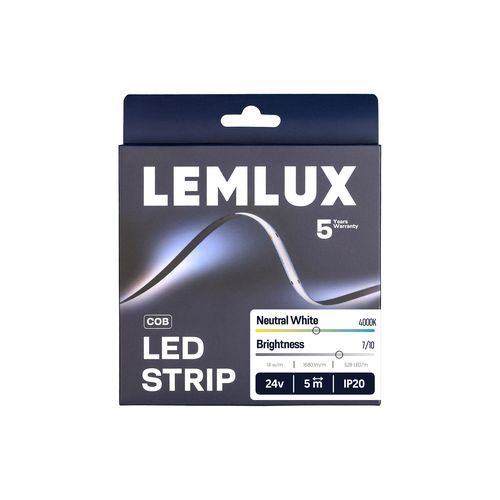 LEMULUX COB LED-nauha 14W 24V 5m pakkaus, 4000K värilämpötila, IP20, tehokas valaistusratkaisu.