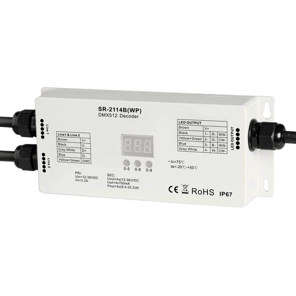 DMX-dekooderi 4 x 0.7A 12-36VDC ulkokäyttöön IP67