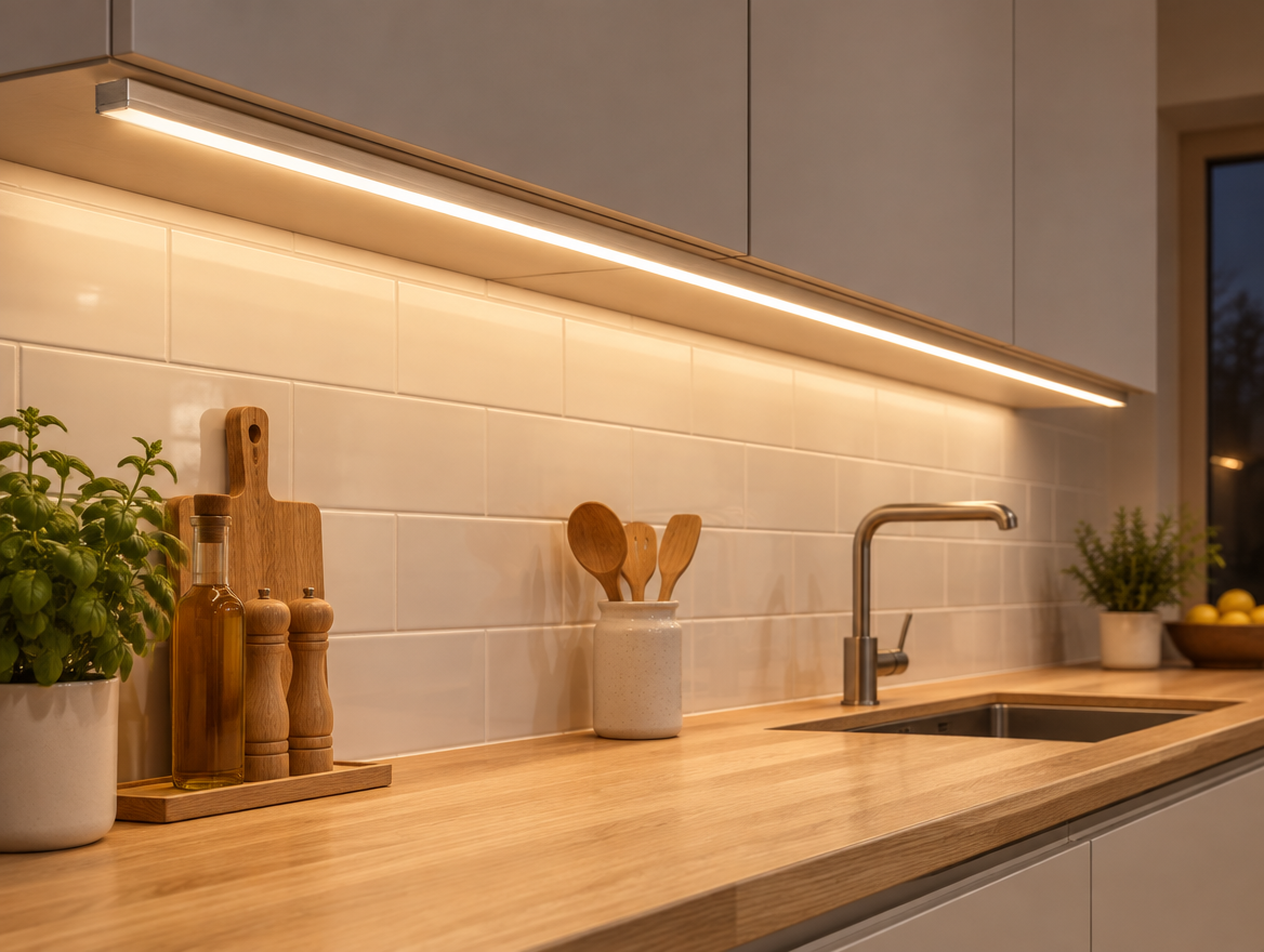Kitchen backsplash LED lighting package installed: dotless line of light under wall cabinets