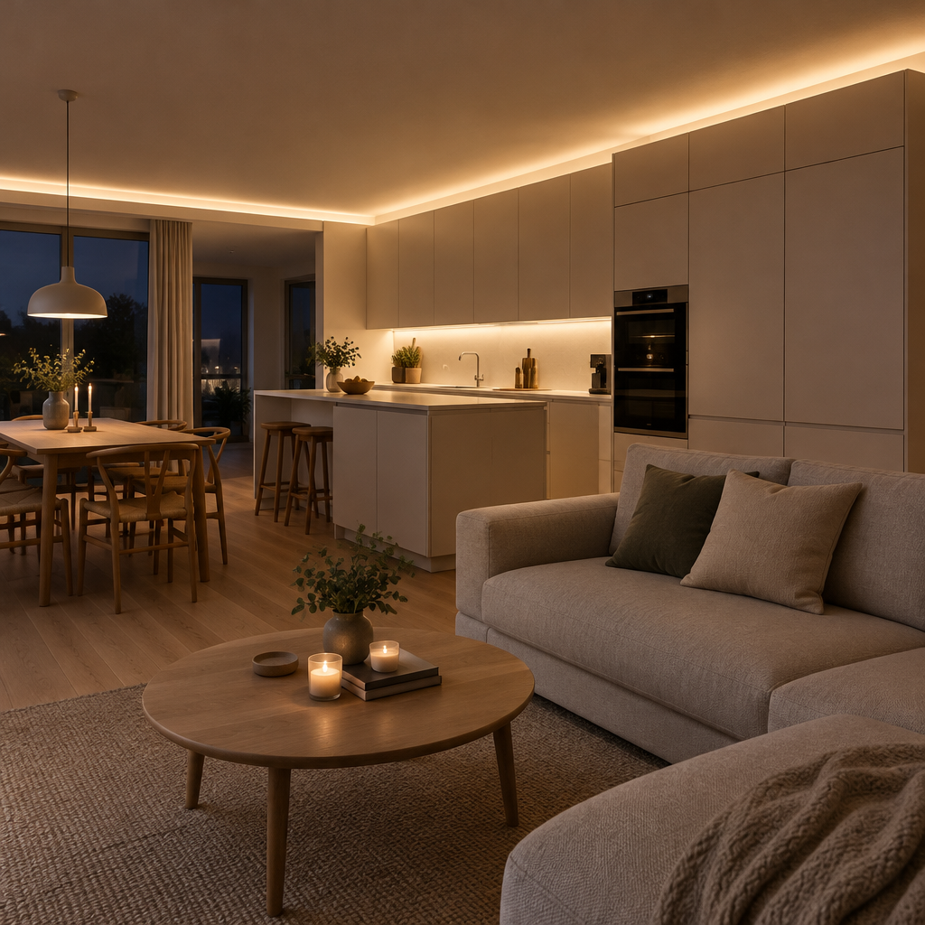 Ceiling edge and wall cabinet LED lighting package installed: soft indirect light to ceiling