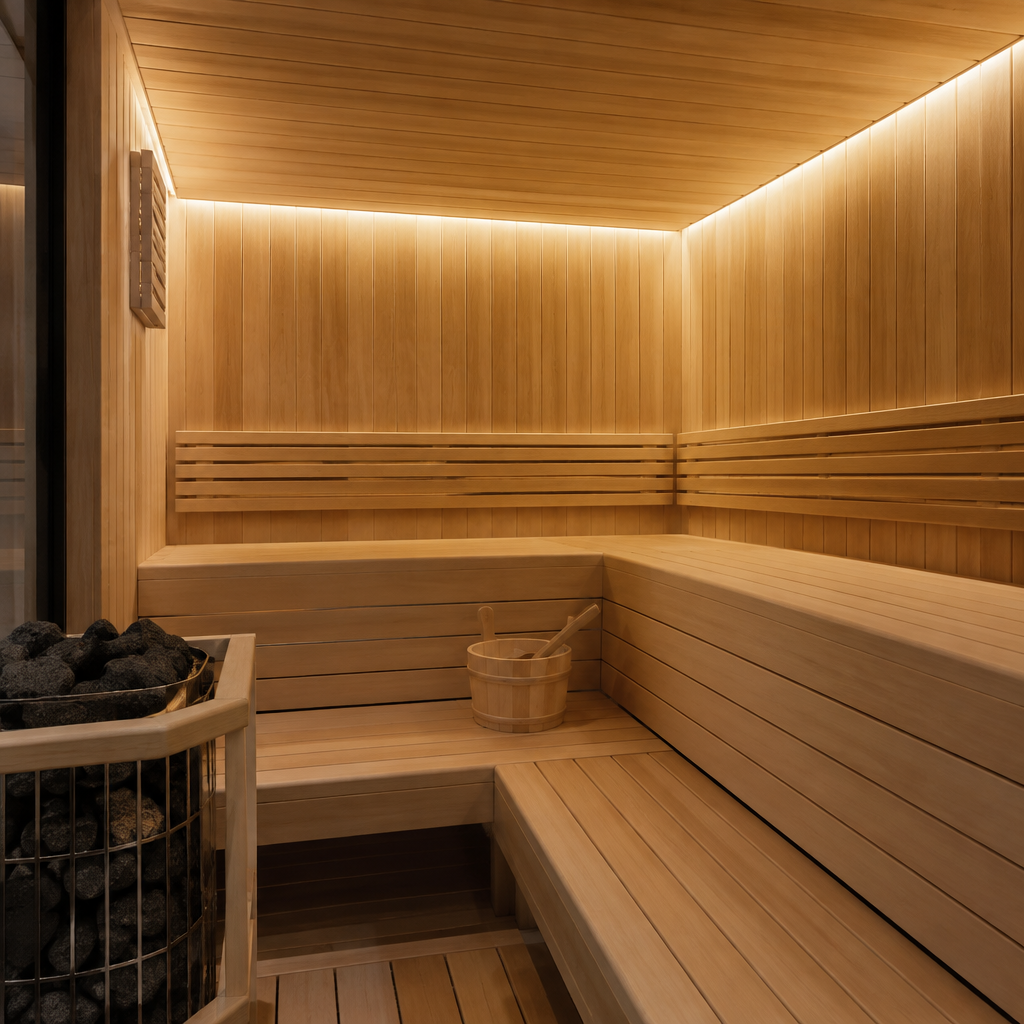 Beautiful sauna with dotless sauna ceiling lighting package and warm wooden surfaces