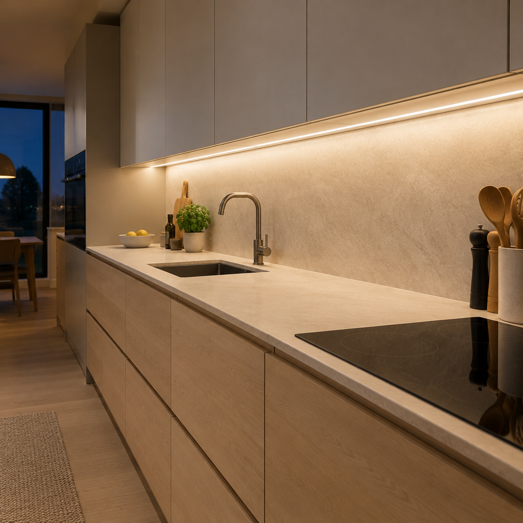 Kitchen LED lighting package illuminating worktop with sink and kitchen utensils