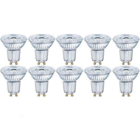 GU10 LED-lamppu 10kpl paketti, Osramin 4.3W LED-spotteja lämpimällä valkoisella valolla.