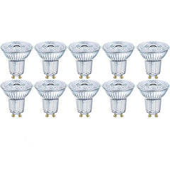 GU10 LED-lamppu 10kpl paketti, Osramin 4.3W LED-spotteja lämpimällä valkoisella valolla.