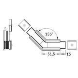 LINJA-UPPO20 LED-profiilin 135° kulmapalan tekninen piirros ja mitat, LED-profiilin kulmapala