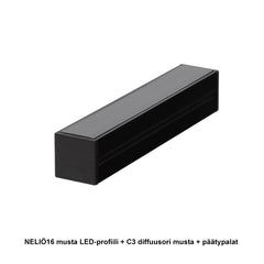 NELIÖ16 LED-profiili diffuusorilla ja päätypaloilla, musta