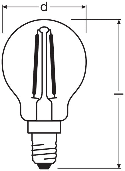 Osram E14 LED-lamppu 2,5W 2700K - pyöreä muoto ja mitat