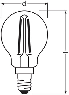 Osram E14 LED-lamppu 2,5W 2700K - pyöreä muoto ja mitat