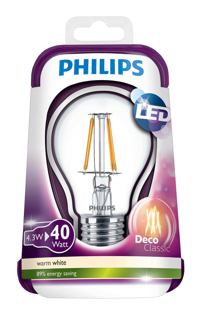 Philips 4.3W LED-lamppu Deco Classic, lämmin valkoinen, E27 2700K LED-lamppu, energiatehokas