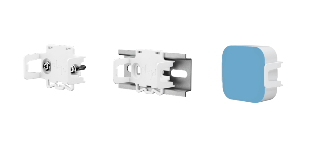 Plejd MNT-01 asennuspidike, sisältää kiinnitysosat DIN-kiskoon ja seinälle asennukseen.