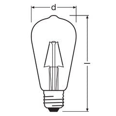 Osram E27 LED-lamppu 2700K piirros, jossa näkyy lamppujen mitat ja rakenne.