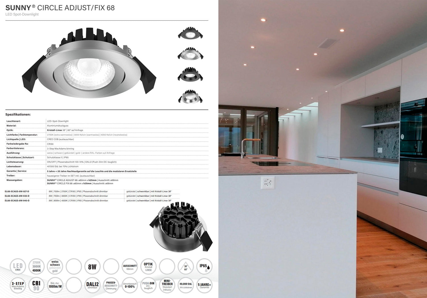 8W LED-downlight SUNNY® CIRCLE ADJUST borstat stål, ~800lm, CRI>90, IP65, dimbar